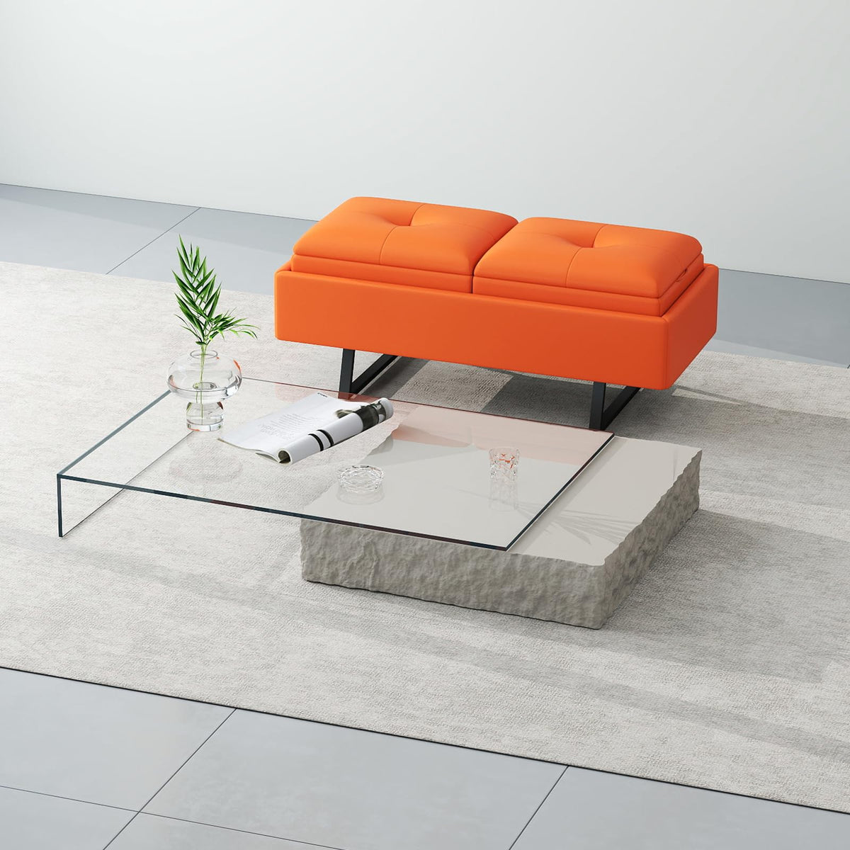 MOTION Leather Bench Waiting Room Chairs - 3 Seat Office Guest Reception Bench with Cushion, Waiting Room Bench Seating, Office Furniture Lobby Chairs for Salon, Shop, Set of 2, Orange