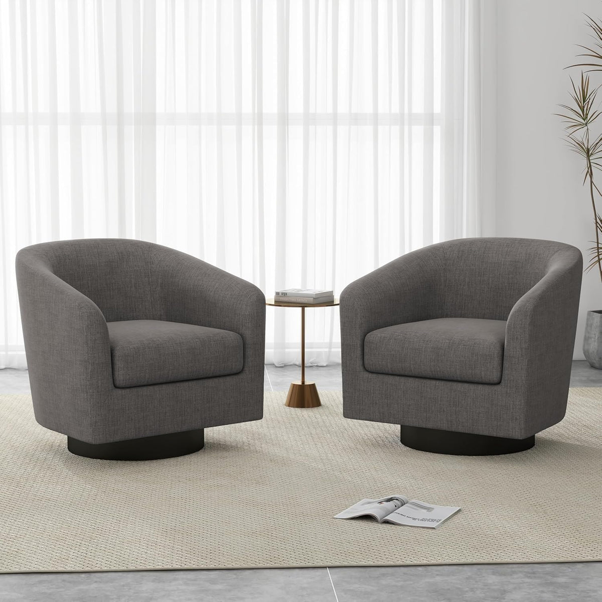Faux Leather Swivel Accent Chairs Set of 2, Barrel Armchair, Brown