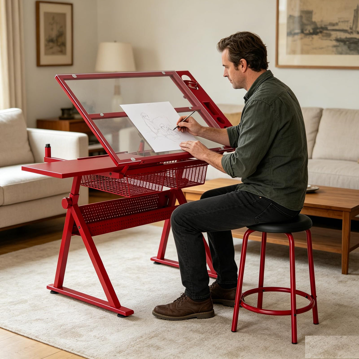 Drafting Table for Artists, Glass Drawing Table with Stool,T1-Black