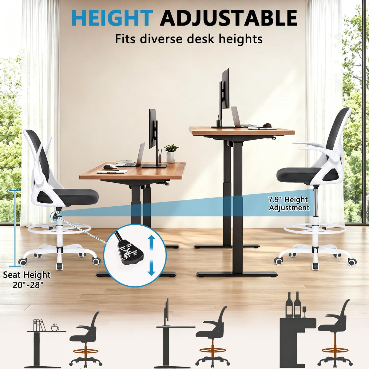 Kensaker Drafting Chair Tall Office Chair, Ergonomic Standing Desk Chair with Adjustable Foot Ring and Flip-up Armrests, Mesh Computer Chair for Art Studio, 300 LBS, Black