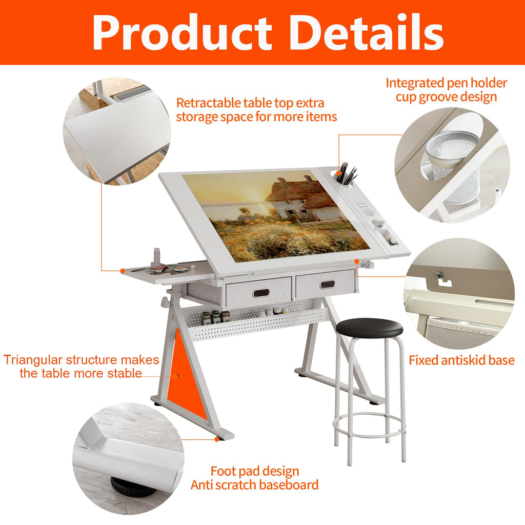 Height Adjustable Tilt Drafting Table with 2 Storage Drawers & Stool Brown