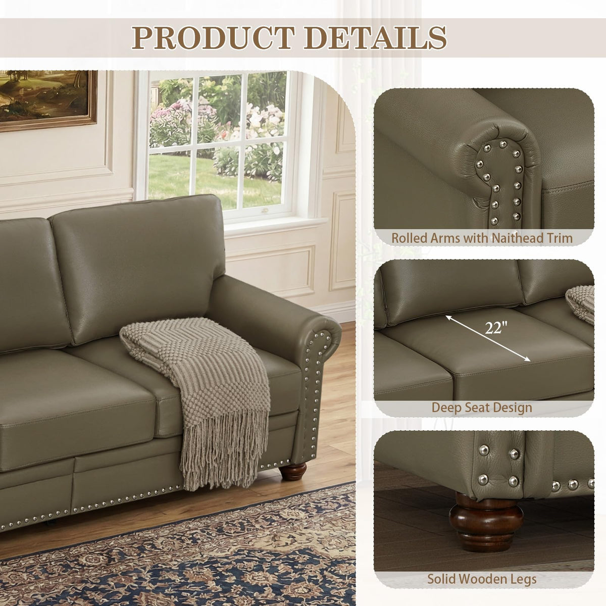 2 Piece Couch Sets for Living Room,Mid Century Modern Couch with Storage Nailhead Trim & Rolled Armrests,Deep Seat Comfy Couch,Furniture Set for Living Room,Bedroom,Office(Navy Blue,Loveseat+3 Seater)