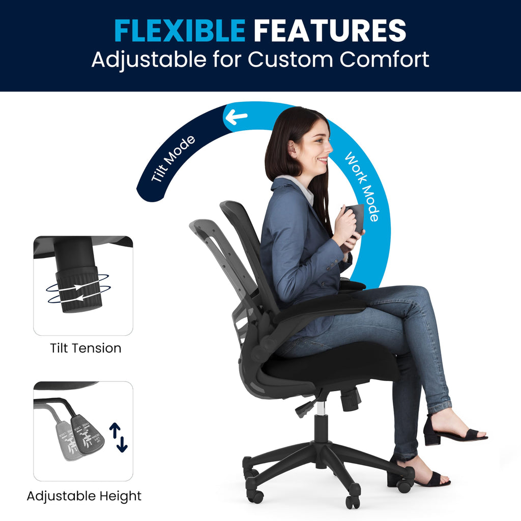 Flash Furniture Set of 4 Mid-Back Swivel Ergonomic Task Office Chairs with Flip-Up Arms, Black Mesh