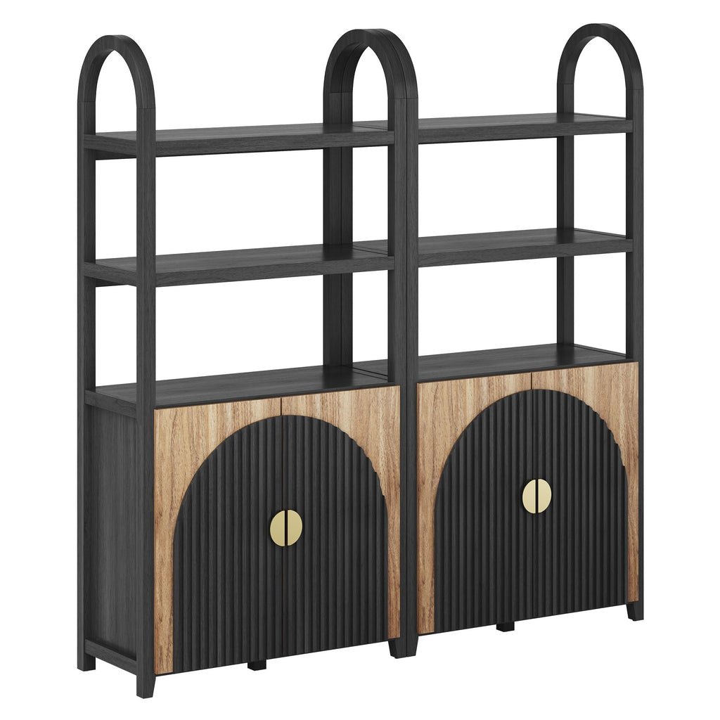 BELLEZE Book Shelf 72" Tall Arched Bookcase with Storage, 5 Tier Mid Century Modern Fluted Bookshelf with Doors, Modular Bookshelves for Living Room Office Library, Set of 2 (Caramel Brown)