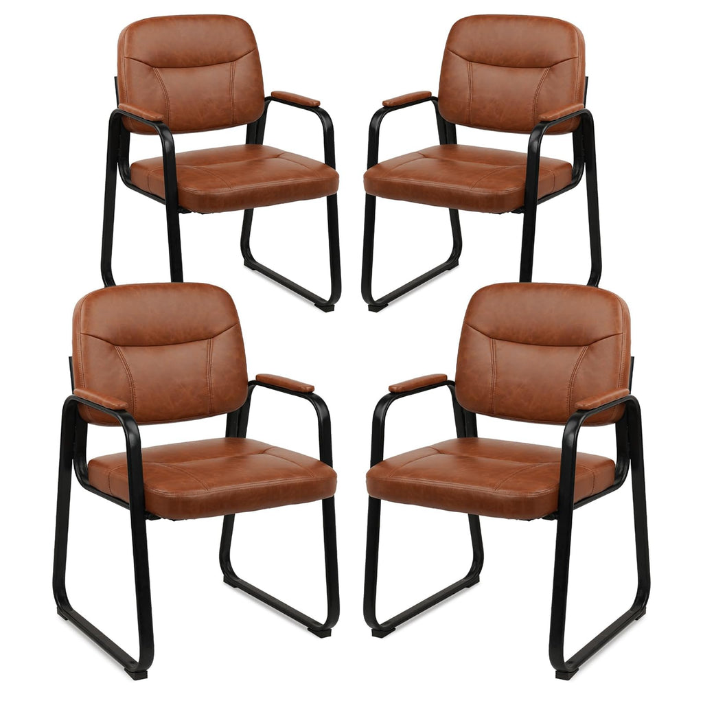 CLATINA Waiting Room Guest Chair with Bonded Leather Padded Arm Rest for Office Reception and Conference Desk Black with Sled Base Brown 1 Pack