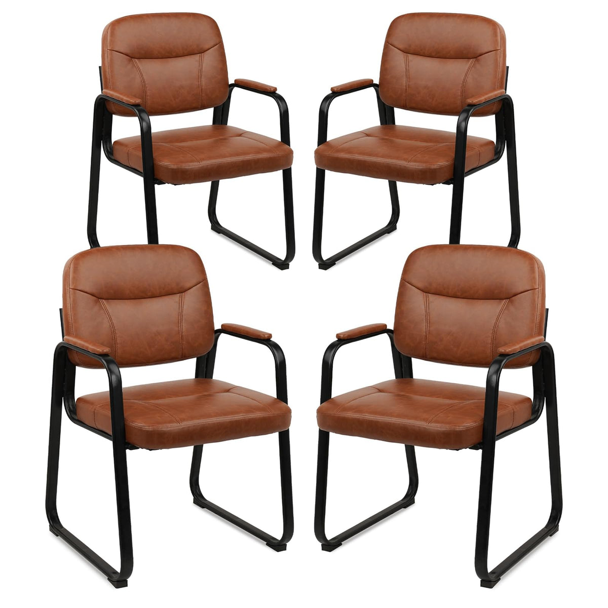 CLATINA Waiting Room Guest Chair with Bonded Leather Padded Arm Rest for Office Reception and Conference Desk Black with Sled Base Brown 1 Pack