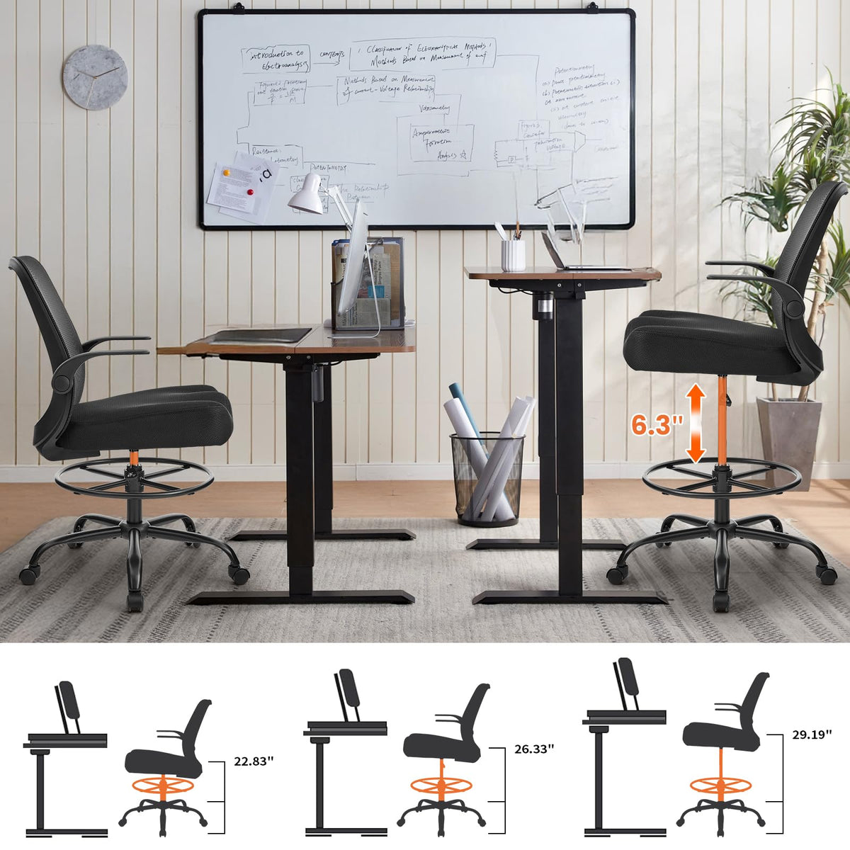 Drafting Chair Tall Office Chair for Standing Desk, Ergonomic Tall Desk Chair with Adjustable Foot Ring, Flip-Up Armrests, Lumbar Support, Swivel Rolling Task Chair for Home Office
