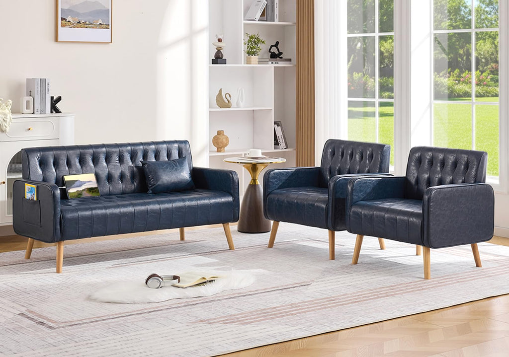 57â Small Faux Leather Loveseat Couch and Accent Chair Set of 2 (3, Black)