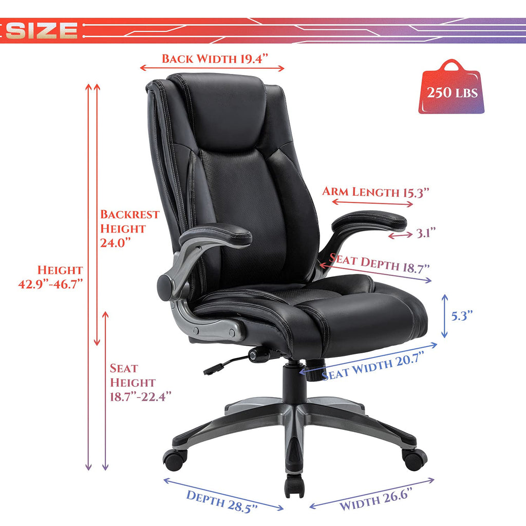 COLAMY High Back Executive Office Chairs, Ergonomic PU Leather Desk Chairs with Flip-Up Armrests, Adjustable Height, Lumbar Support, Comfortable Computer Chairs for Home Office, Set of 2