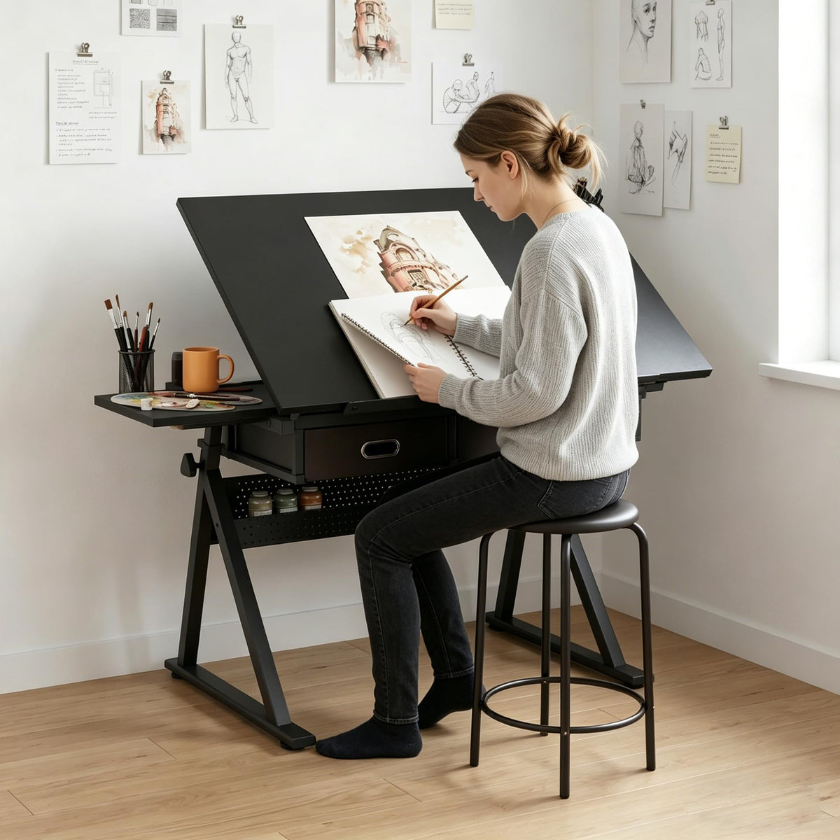 Height Adjustable Drafting Table Drawing Table Artist Desk Tilting Tabletop Art Craft Desk with 2 Storage Drawers and Stool, Art Craft Desk for Artist Painters Drawing Painting (All White)