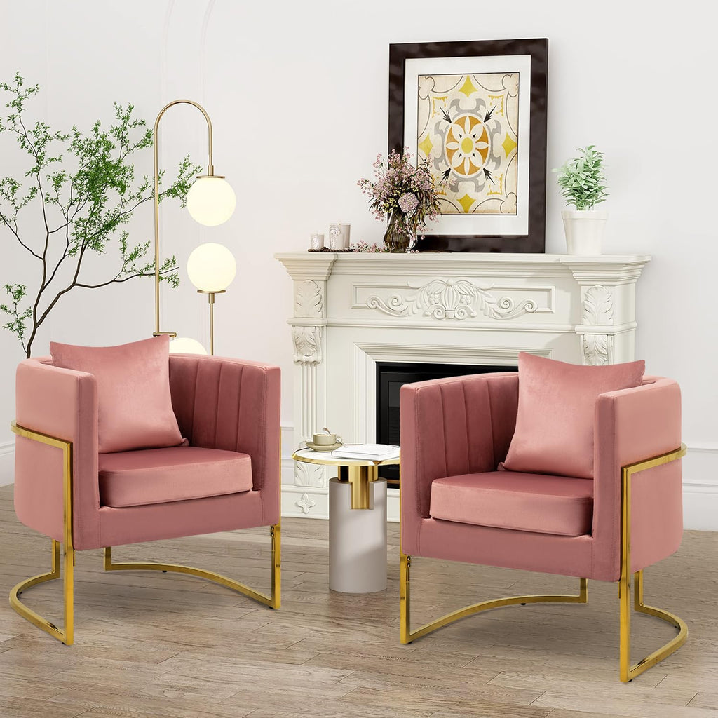 Velvet Accent Barrel Chairs Set of 2, Modern Arm Club Chair Set with Pillow for Living Room/Bedroom/Guest Reception, Channel Tufted, Gold Finish Base, Orange