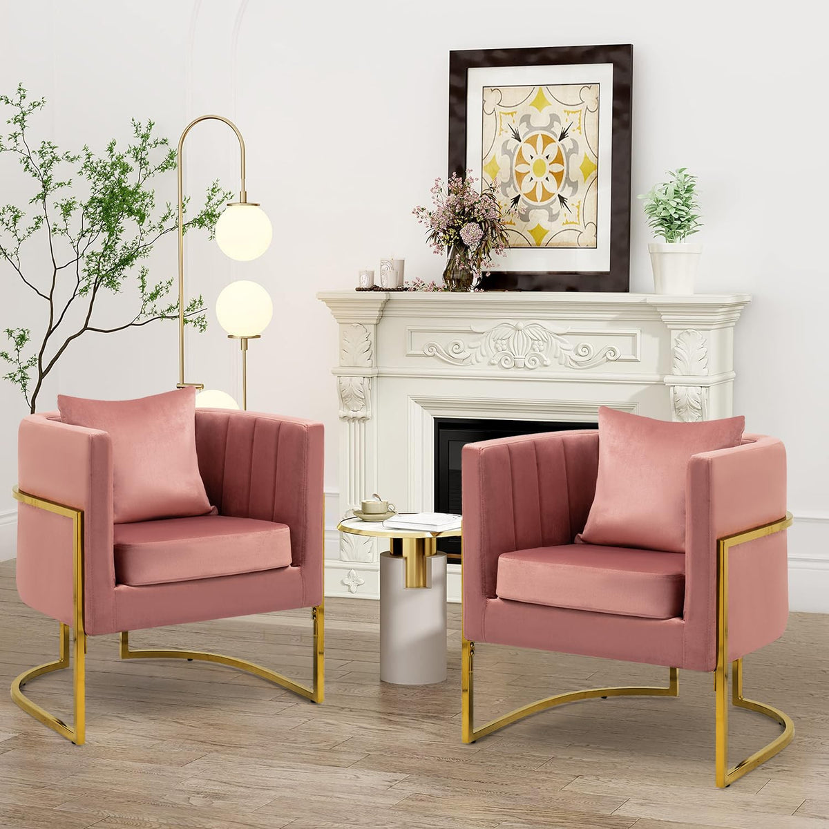 Velvet Accent Barrel Chairs Set of 2, Modern Arm Club Chair Set with Pillow for Living Room/Bedroom/Guest Reception, Channel Tufted, Gold Finish Base, Orange