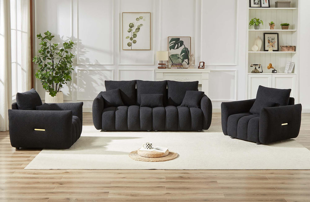 Antetek Teddy Fabric Sofa Set for Living Room, 2 Pieces Modern Deep Seat Oversized 3-Seater Cloud Boucle Couch for Bedroom, Office, Apartment, Furniture Set, 78-inch, Black (2 Pieces)