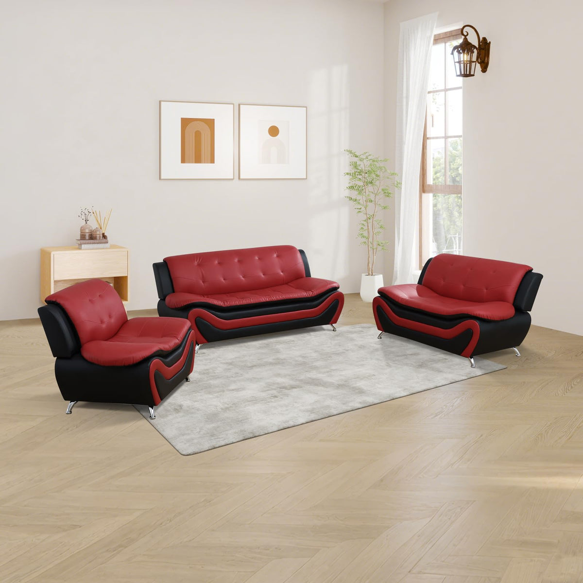 Modern Leather Sofa Set, Living Room Furniture, 3 - Piece Couch Set, Faux Leather Couch Loveseat Chair Set with Sturdy Legs for Living Room/Bedroom/Office,Black