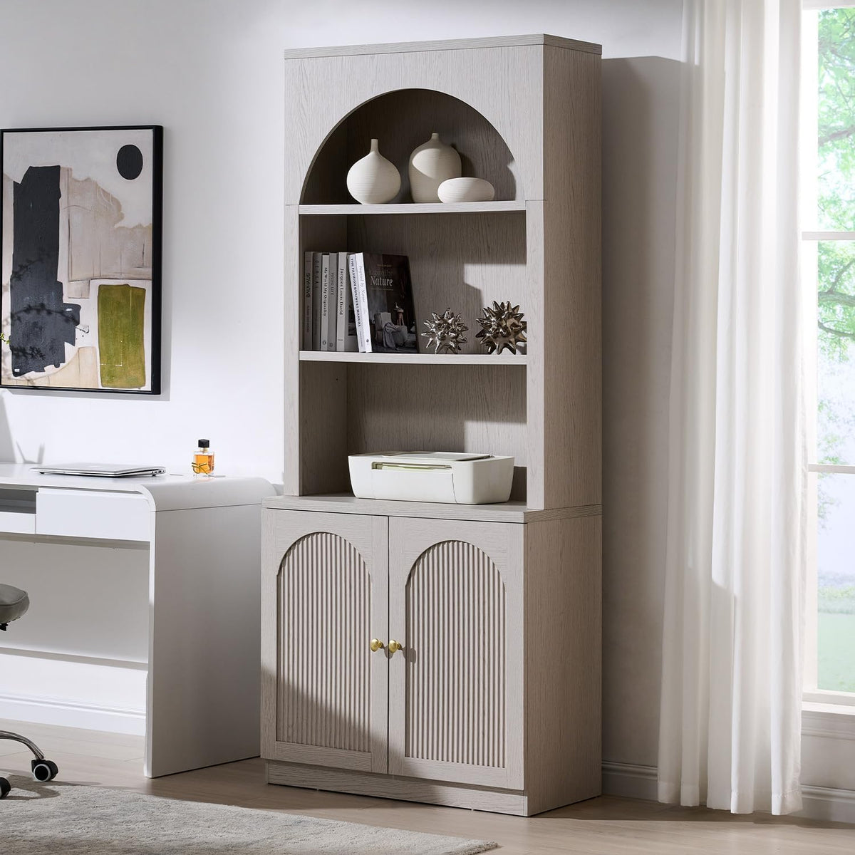 77.6" Tall Arched Bookshelf, Wood Bookcase w/Fluted Arched Door, Light Grey