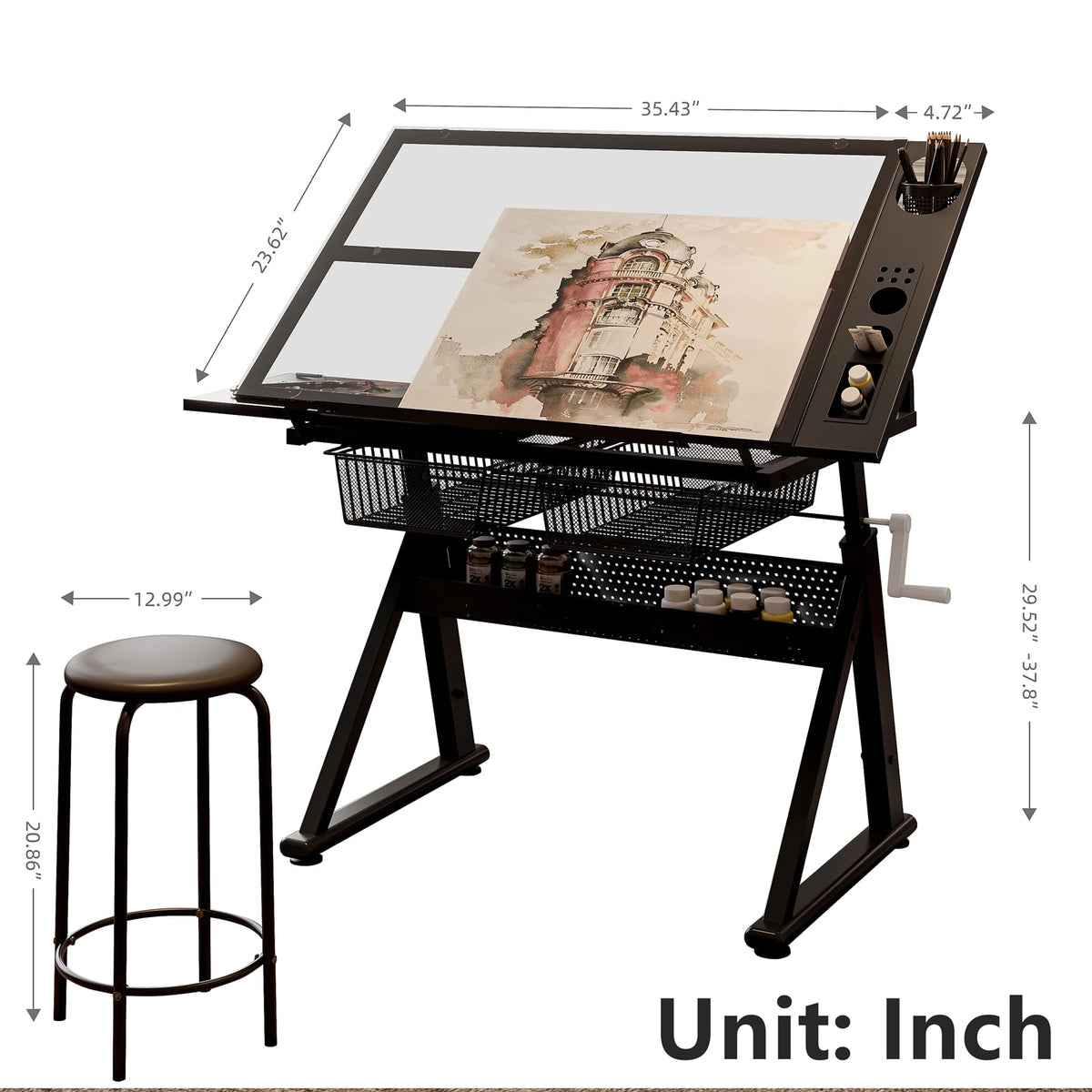Drafting Table, Adjustable Height Drawing Table Art Table Painting Table Art Craft Desk with 0-75Â° Tilting Glass Tabletop and Storage Drawers, Black