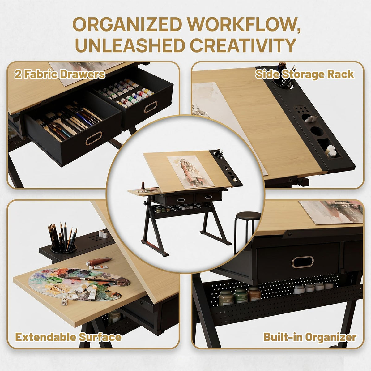 Height Adjustable Drafting Table w/Stool, Painting Table Art Craft Desk Crafting Drawing Desk with Tilting Tabletop, 2 Storage Drawers for Artist Painters (Rustic Brown)