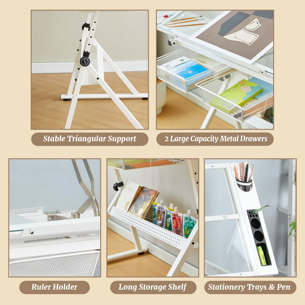 Black Drafting Table Desk w/Stool, Painting Table Art Craft Desk Crafting Table with Tilting Tempered Glass Top, 2 Storage Drawers, Height Adjustable