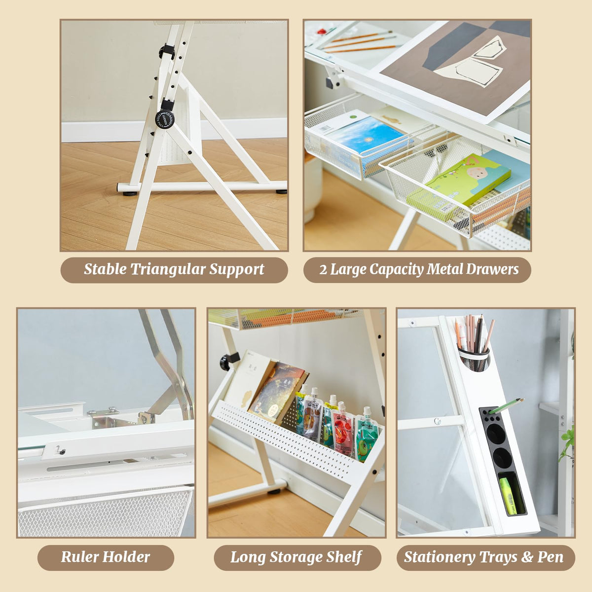 Black Drafting Table Desk w/Stool, Painting Table Art Craft Desk Crafting Table with Tilting Tempered Glass Top, 2 Storage Drawers, Height Adjustable