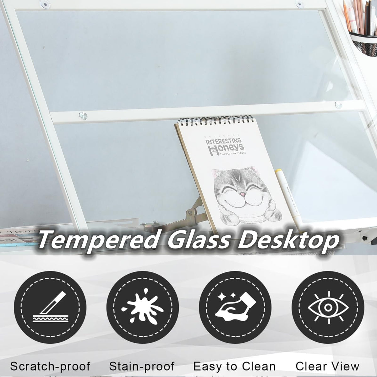 Drafting Table, Adjustable Height Drawing Table Art Table Painting Table Art Craft Desk with 0-75Â° Tilting Glass Tabletop and Storage Drawers, Black
