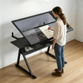 Drafting Table, Adjustable Height Drawing Table Art Table Painting Table Art Craft Desk with 0-75Â° Tilting Glass Tabletop and Storage Drawers, Black