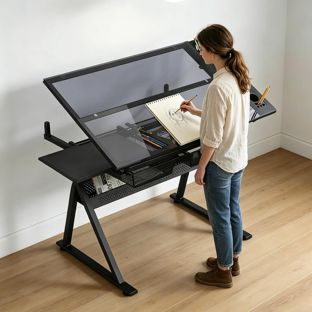 Drafting Table, Adjustable Height Drawing Table Art Table Painting Table Art Craft Desk with 0-75Â° Tilting Glass Tabletop and Storage Drawers, Black