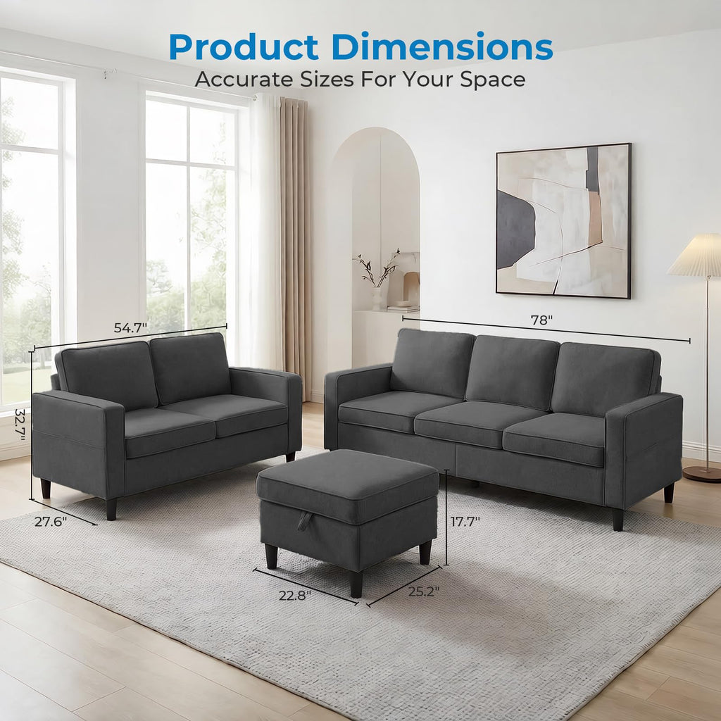 Mjkone 78"W 3 Pieces Sofa Couches Set for Living Room Sets Furniture, Sectional L Shaped 3-Seater Small Sofas Couch and Loveseat Sets with Storage Ottoman and Side Pockets for Home Office, Light Gray