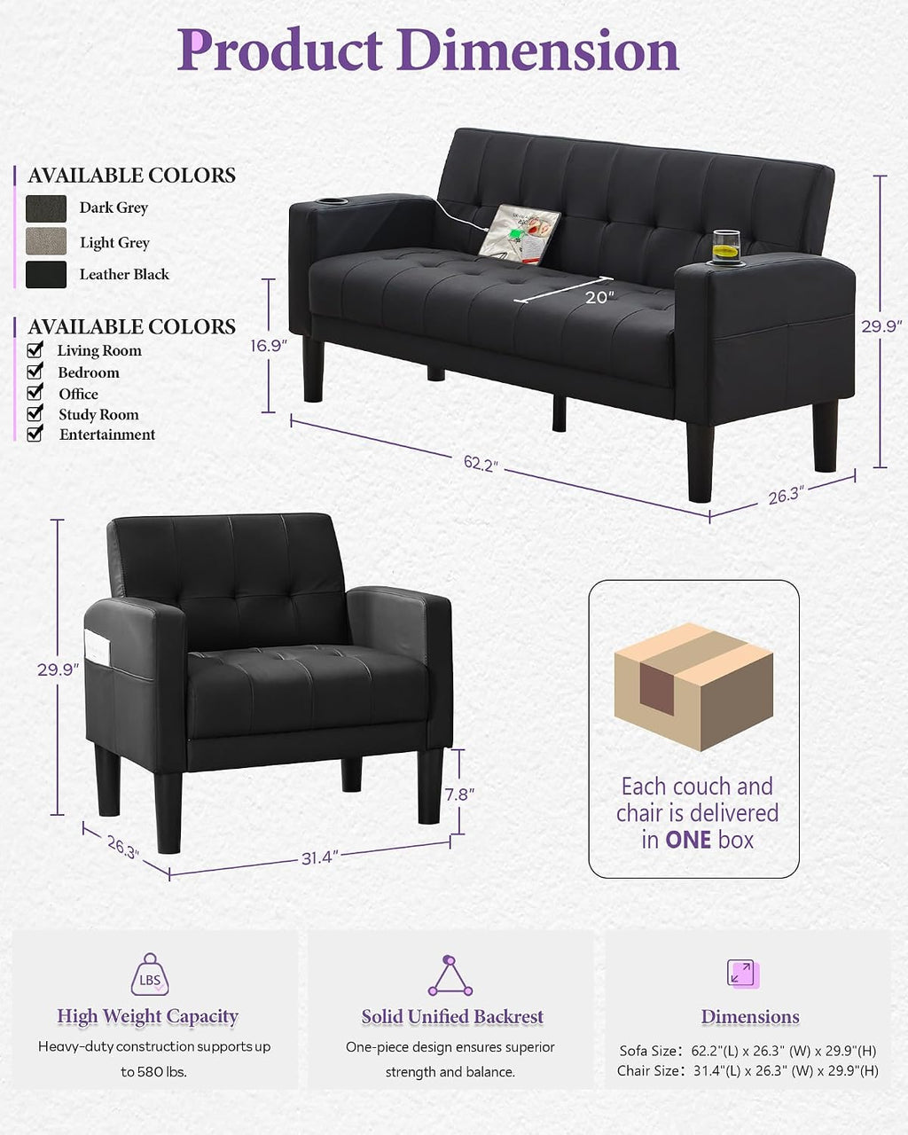 TYBOATLE Living Room Set, PU Leather Couch and Chairs w/USB & Type-C Ports