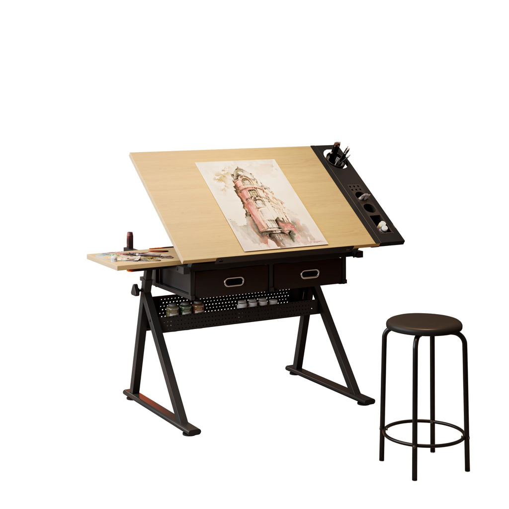 Height Adjustable Drafting Table with Stool, Drawing Art Desk with 2 Drawers, Artist Table with 75Â° Tilted Tabletop, Sketching Painting Artwork Station for Home Office School Reading, Crafting, White