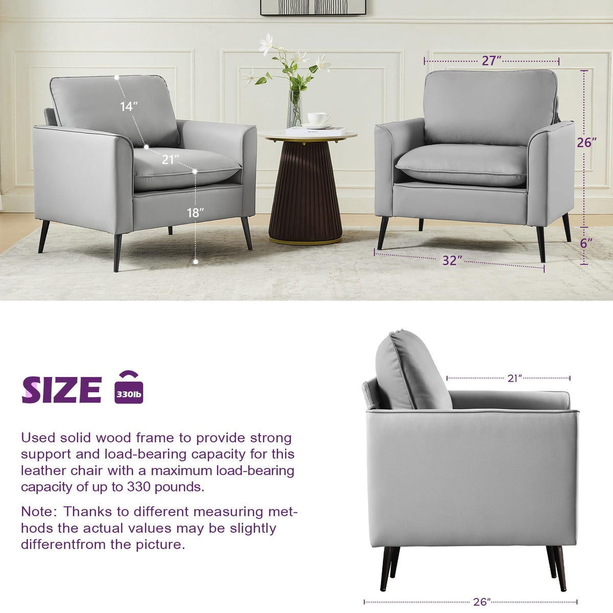 TYBOATLE Accent Chairs Set of 2, Faux Leather Arm Chairs (Grey, 2)
