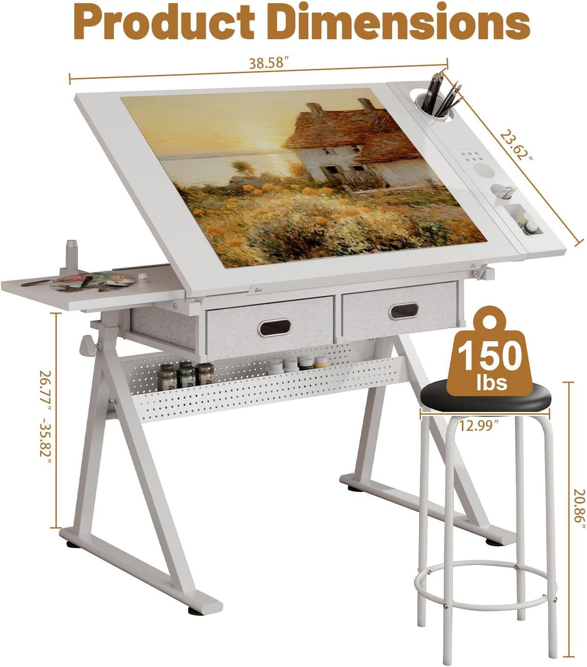 Drafting Table and Stool Set for Adults/Artists, Drawing Table with Adjustable Tabletop and Height, Art Workstation for Painters Crafting Reading Writing Home Office, All White