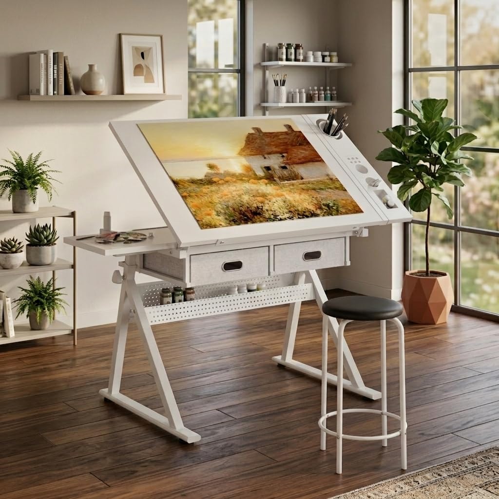 Height Adjustable Drafting Art Table for Adults, White Tempered Glass Drafting Drawing Printing Table Desk with Stool, 0-75Â° Tilting Tabletop Art Drawing Table for Drawing,Hand Crank