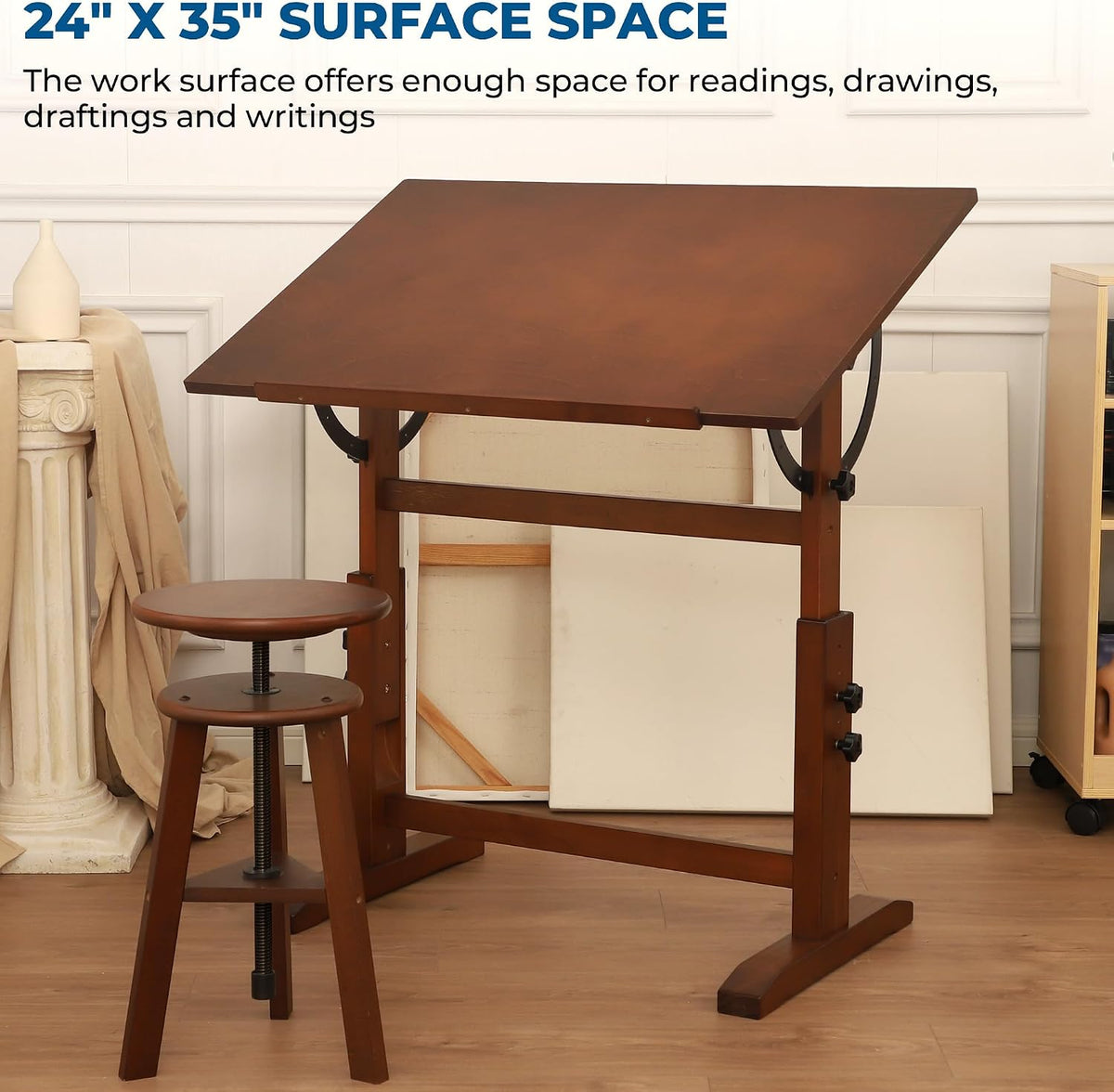 VISWIN Wood Drafting Table for Adults, 24'' x 35" Drawing Table with Adjustable Height & Angle for Art Studio, Solid Pine Wood Artist Desk for Drawing, Drafting, Writing, Reading, Sketching