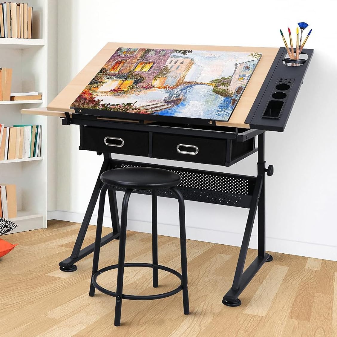 Height Adjustable Drafting Table with Stool, 0-75Â° Tilting Drawing Desk Artist Desk with 2 Storage Drawers, Watercolor Art Workstation for Home Office Drawing, Painting, Crafting, Writing, Sketching