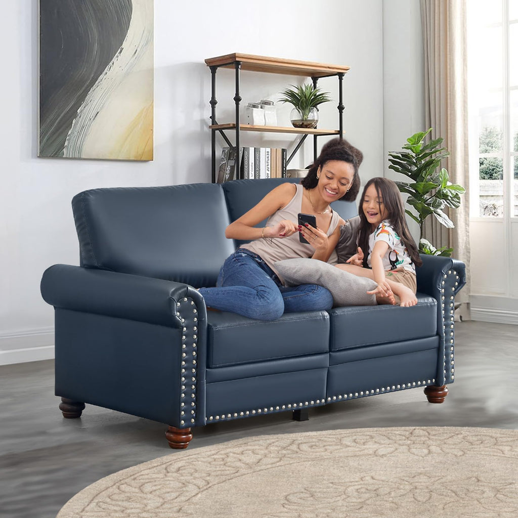 2 Piece Faux Leather Sofa Set,Modern Couch and Loveseat Sets with Storage,Mid Century Couch with Rivet Rolled Arm,Comfy Deep Seat Sofa,Furniture for Living Room,Office(Loveseat+3 Seater,Navy)
