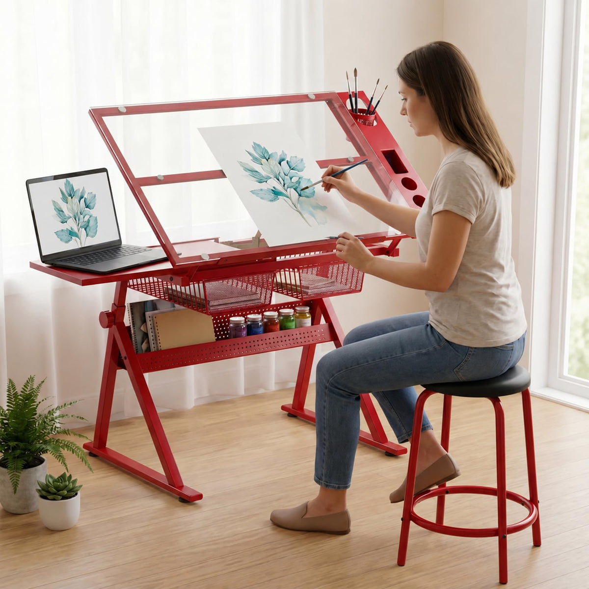 Drafting Table, Height Adjustable Art Tabe with Stool, Black