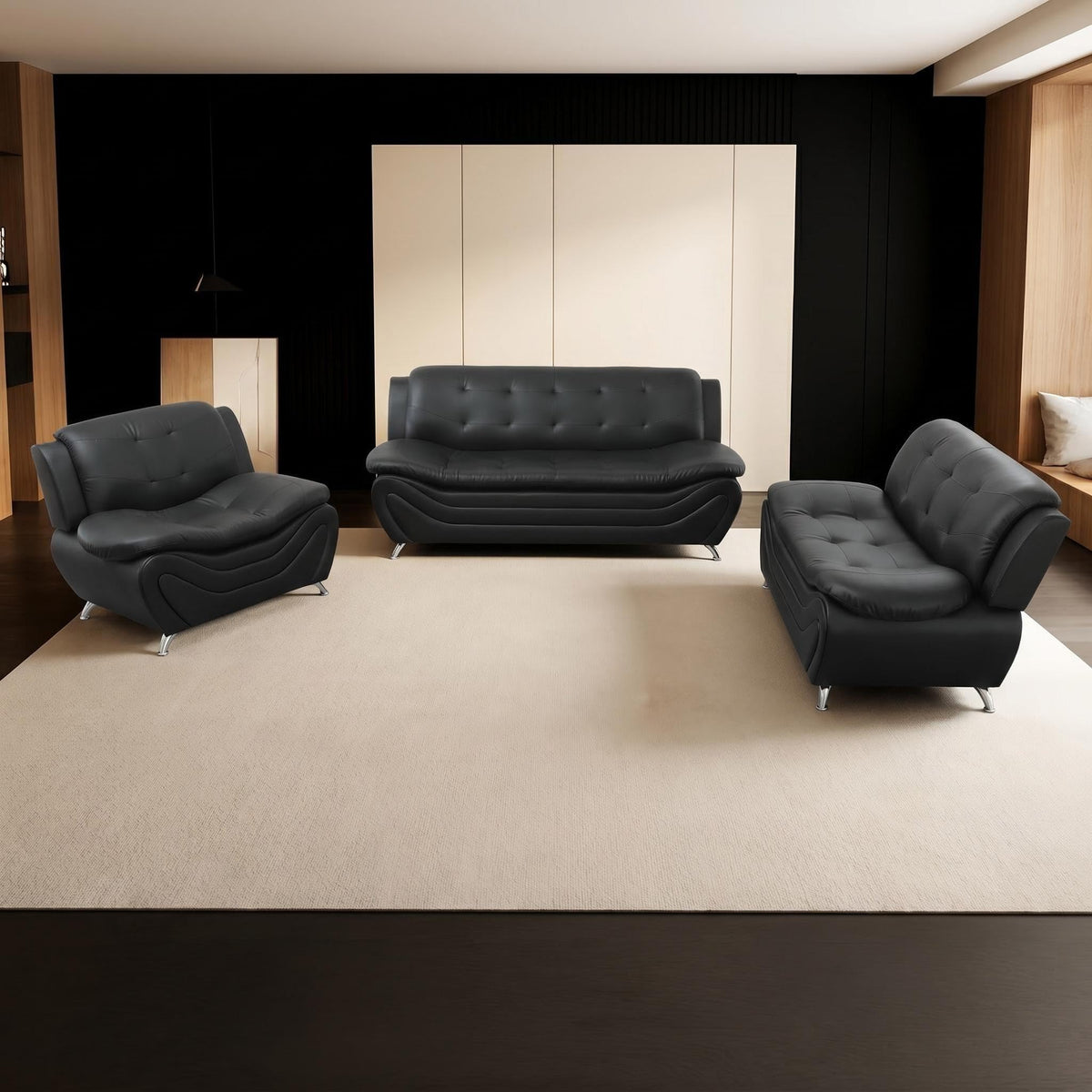 Modern Faux Leather Sofa Set â 3-Piece Living Room Couch with Chrome Legs & Padded Armrests â Includes 1-Seater, 2-Seater & 3-Seater â Contemporary Lounge Furniture for Home & Office (Brown)