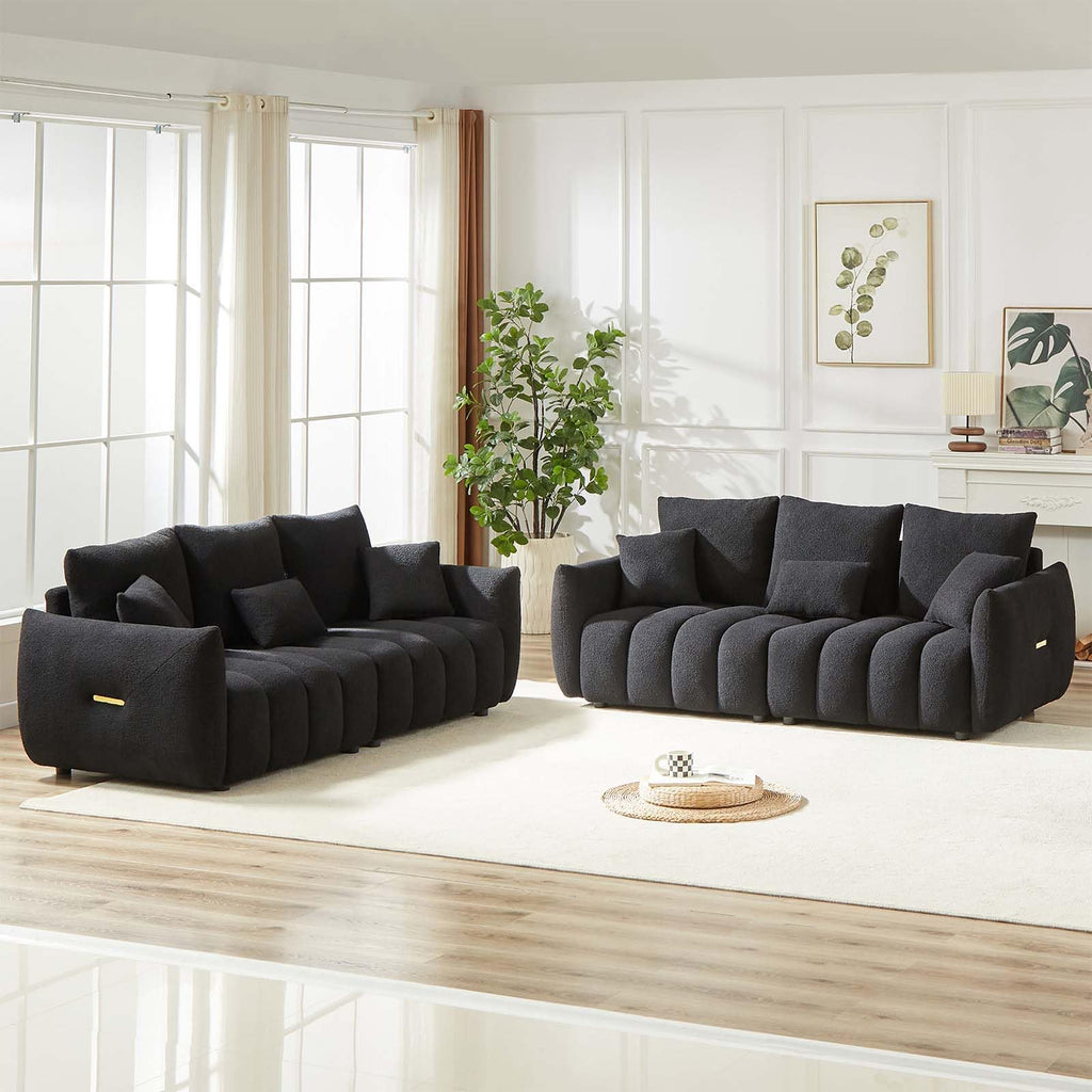 Antetek Teddy Fabric Sofa Set for Living Room, 2 Pieces Modern Deep Seat Oversized 3-Seater Cloud Boucle Couch for Bedroom, Office, Apartment, Furniture Set, 78-inch, Black (2 Pieces)