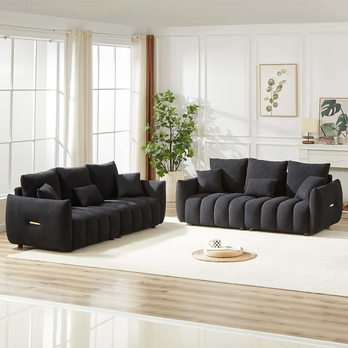 Antetek Teddy Fabric Sofa Set for Living Room, 2 Pieces Modern Deep Seat Oversized 3-Seater Cloud Boucle Couch for Bedroom, Office, Apartment, Furniture Set, 78-inch, Black (2 Pieces)