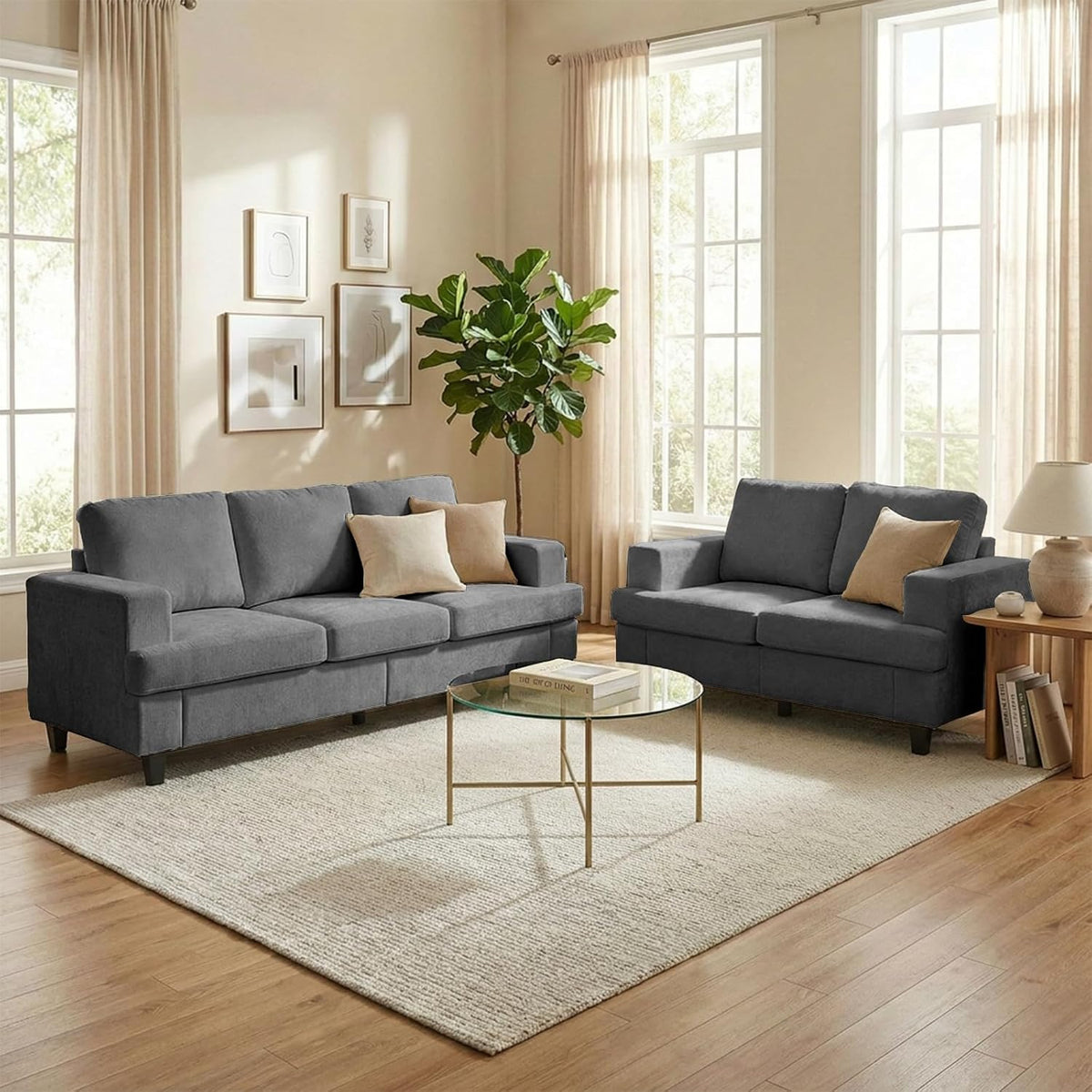 Mjkone 82" 2 Pieces Living Room Sofa Set, 3 Seater & Loveseat, Light Grey
