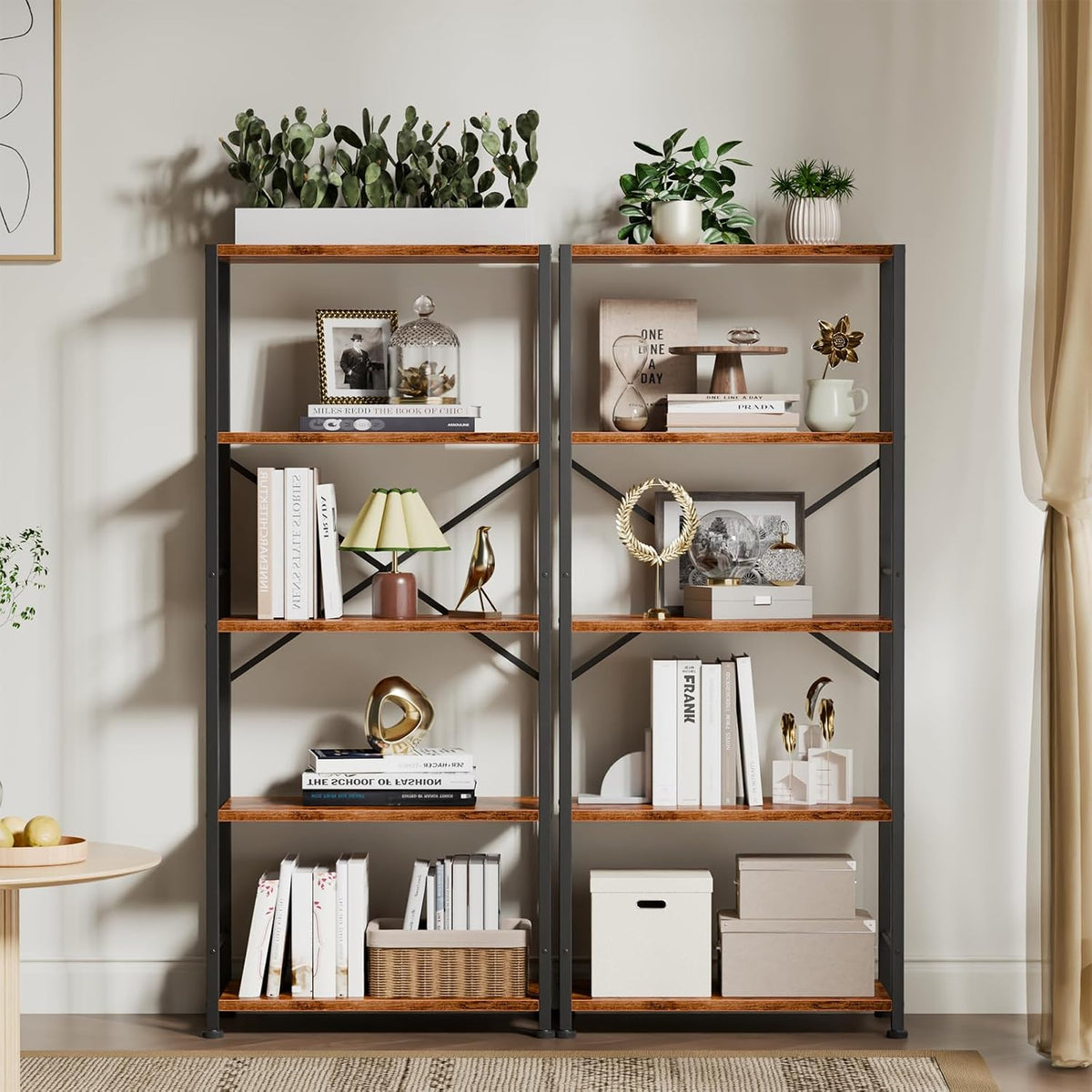 Furologee 5 Tier Book Shelf Set of 2, Tall Wide Bookshelf, Rustic Brown