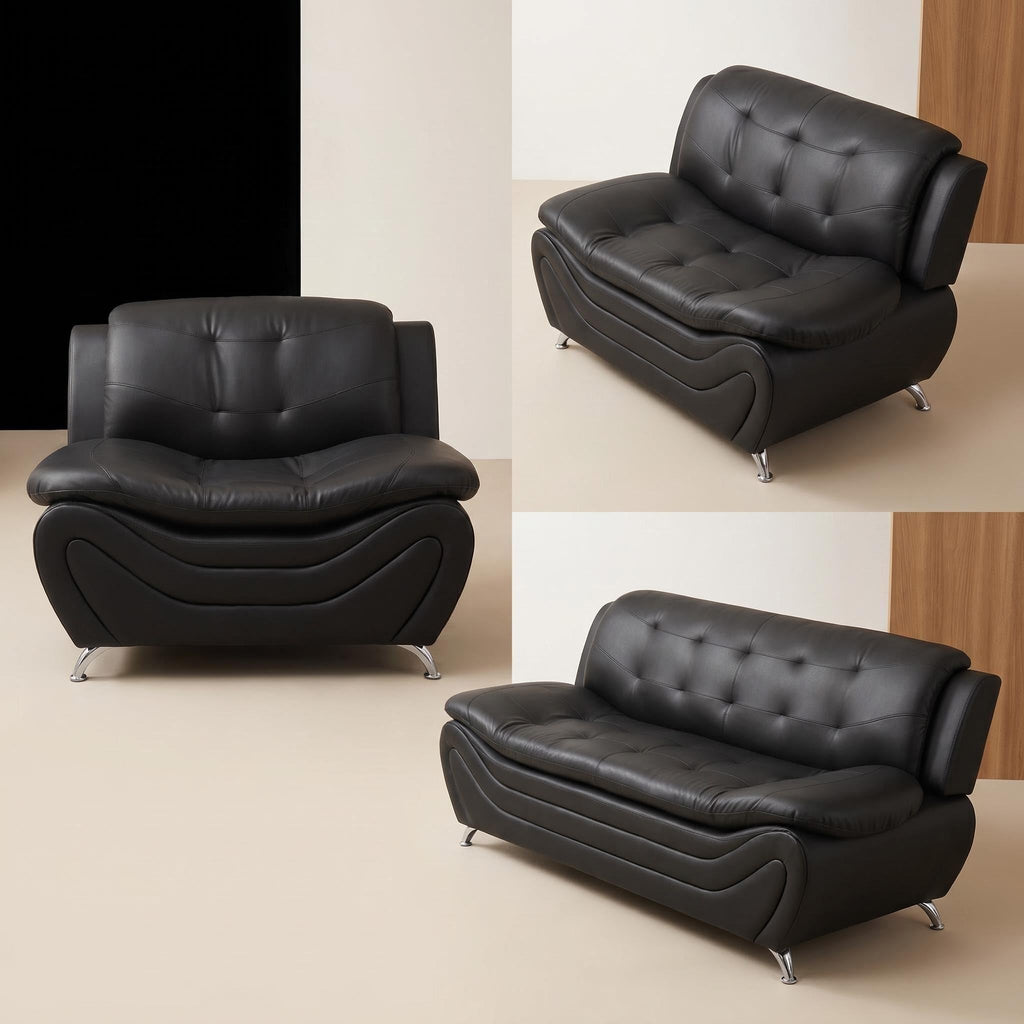 Modern Faux Leather Sofa Set â 3-Piece Living Room Couch with Chrome Legs & Padded Armrests â Includes 1-Seater, 2-Seater & 3-Seater â Contemporary Lounge Furniture for Home & Office (Brown)