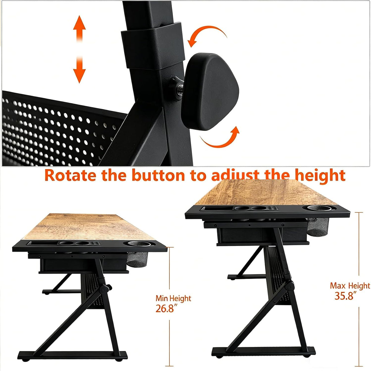 Height Adjustable Tilt Drafting Table with 2 Storage Drawers & Stool Brown