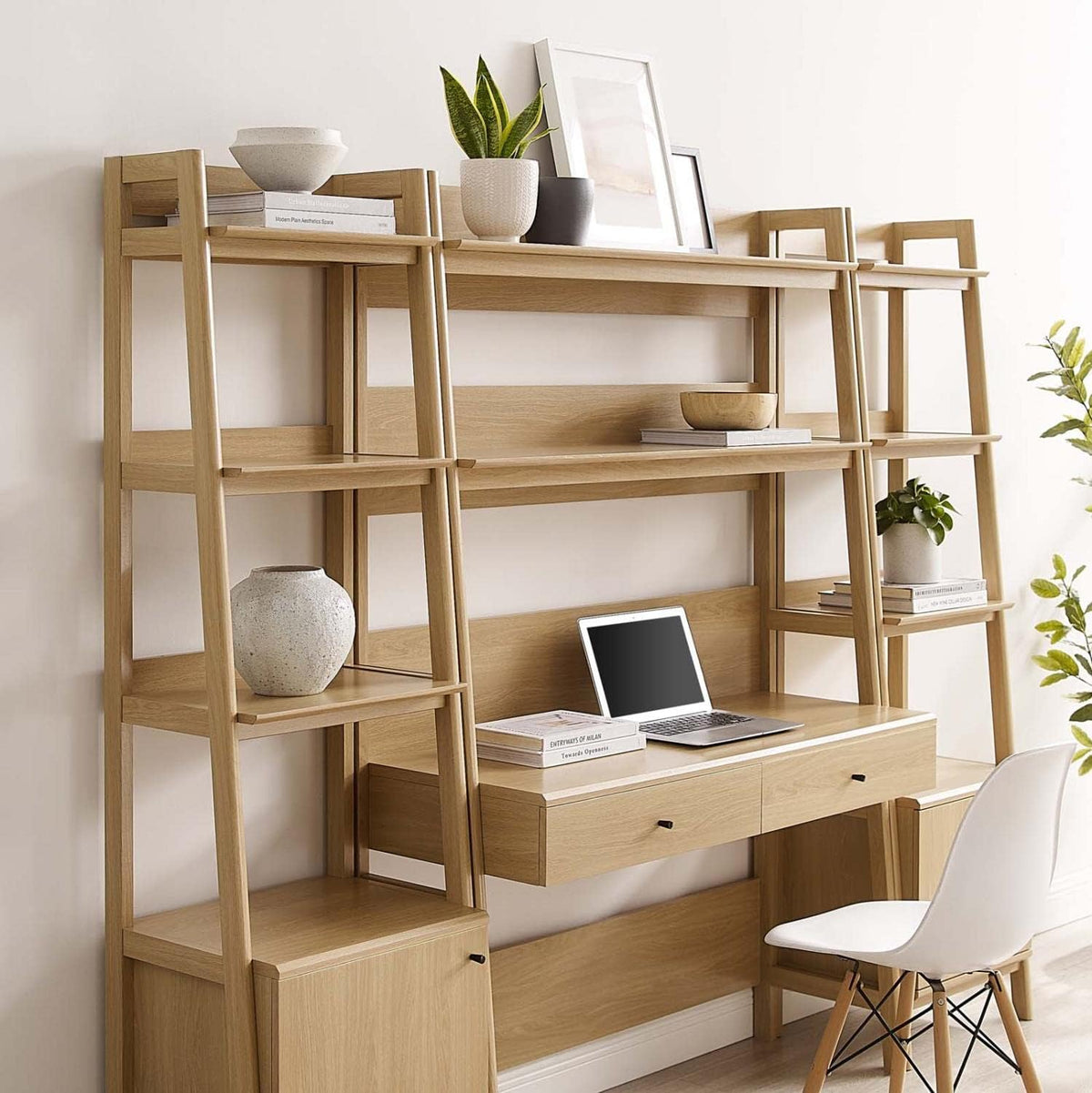 Modway 3-Piece Home Office Desk and Bookshelf Display Case in Oak