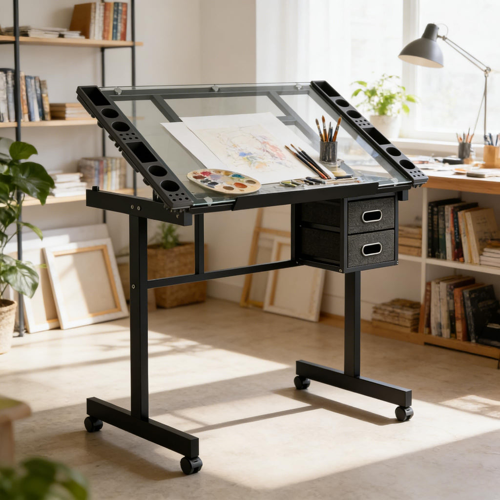 Adjustable Drafting Table with Stool, 0-75Â° Tilting Art Desk, White