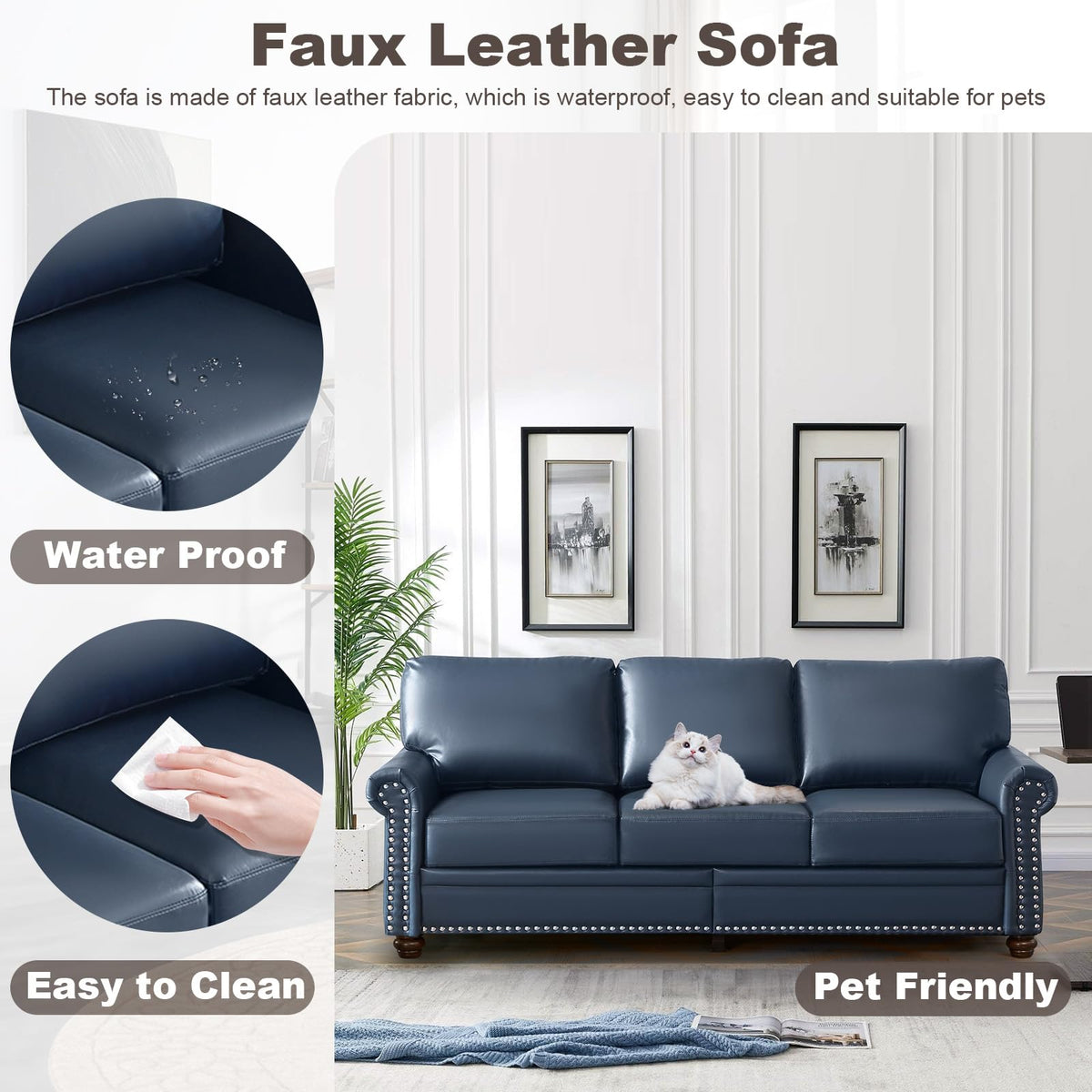 2 Piece Faux Leather Sofa Set,Modern Couch and Loveseat Sets with Storage,Mid Century Couch with Rivet Rolled Arm,Comfy Deep Seat Sofa,Furniture for Living Room,Office(Loveseat+3 Seater,Navy)