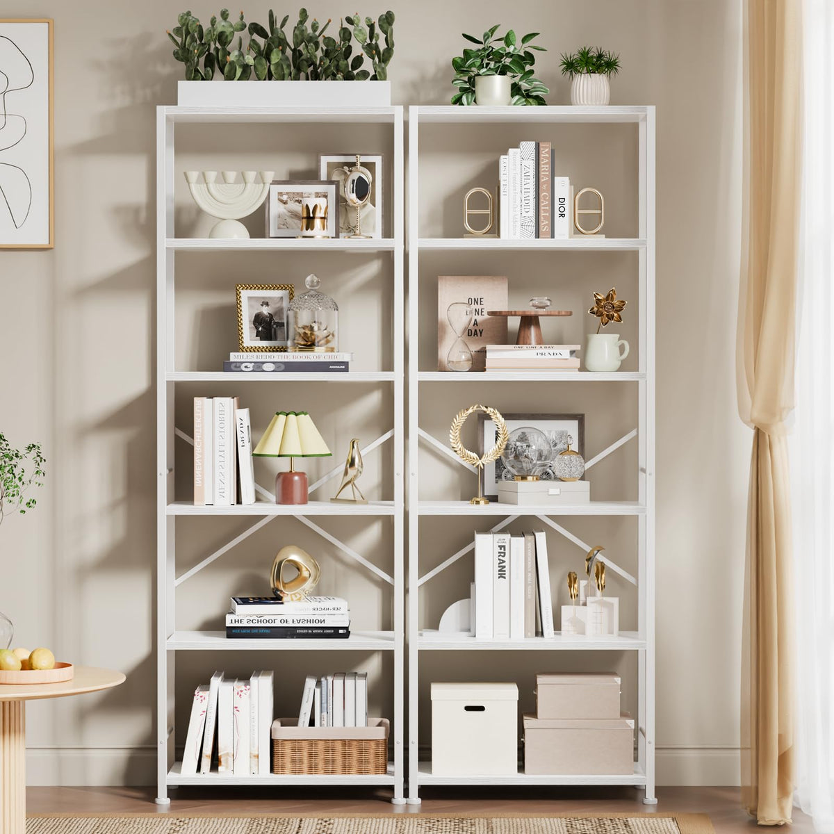 Furologee 5 Tier Book Shelf Set of 2, Tall Wide Bookshelf, Rustic Brown