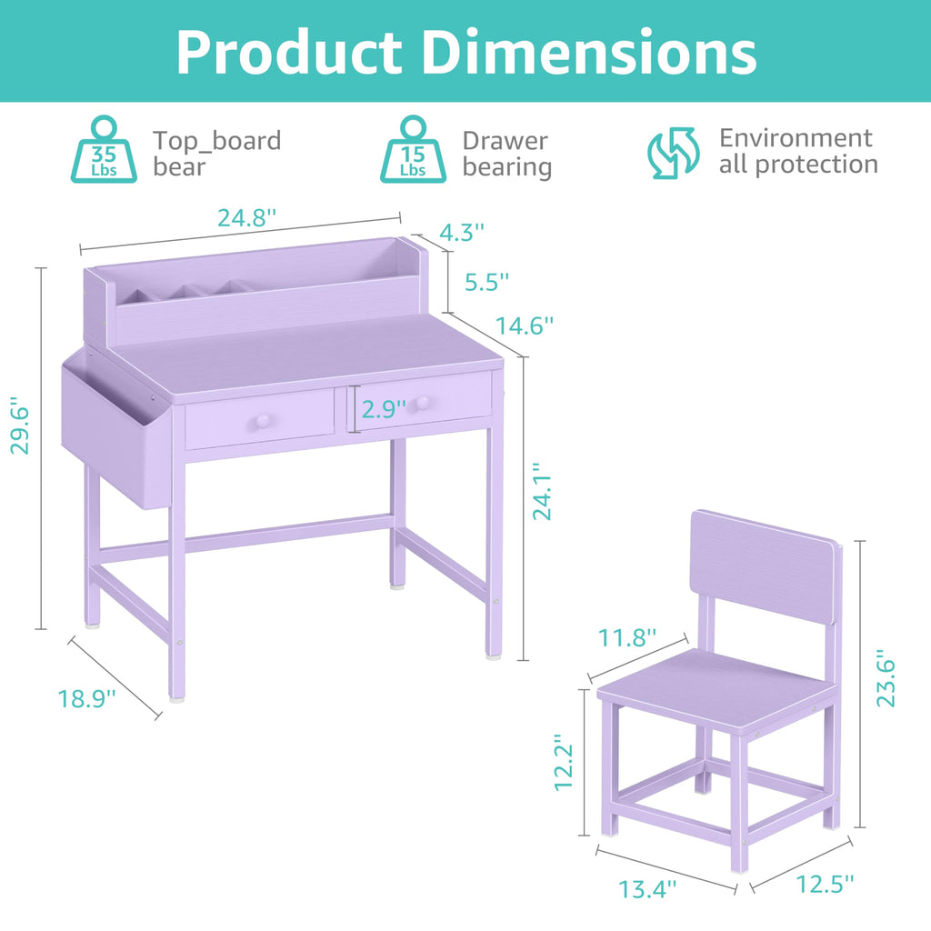BOLUO White Kids Desk and Chair Set for 5-8 Year Old, Small Child Desk with Fabric Drawer, Children Study Table with Storage Toddler Girls Boys