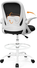Drafting Chair Tall Office Chair with Flip-up Armrests, Adjustable Height, and Enhanced Lumbar Support - Ergonomic Rolling Stool, Back Support, and Adjustable Foot Rest Ring for Standing Desk White