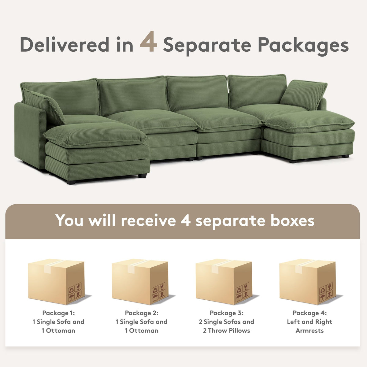 ROWHY 41'' Single Armchair with Ottoman, Modern Corduroy Cloud Couch with Convertible Chaise, Upholstered Sofa Set for Living Room, Green